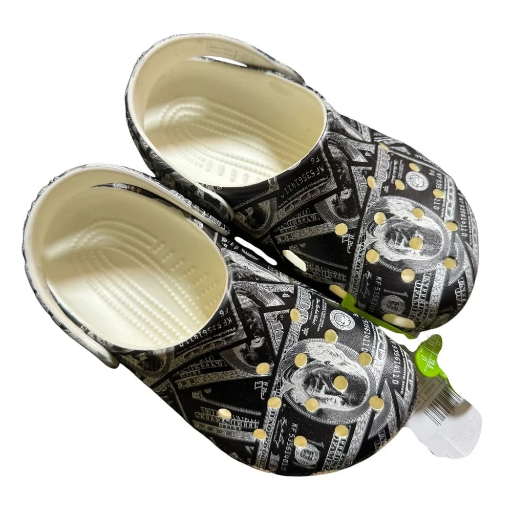 Crocs Classic Glow Money Clog K Kids J1 Black White $100 Bill 211592-3VN New